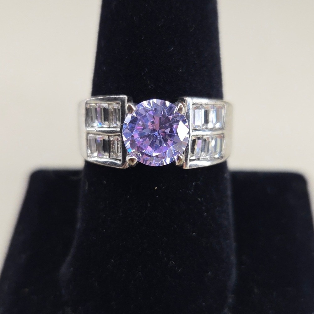 Purple Round Cut Solitaire Statement Ring Silver Tone Baguette Accents Size 9.75